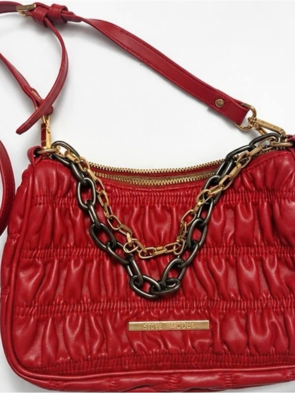 Steve Madden Red Ruched Shoulder Bag with Mixed Chain Accents